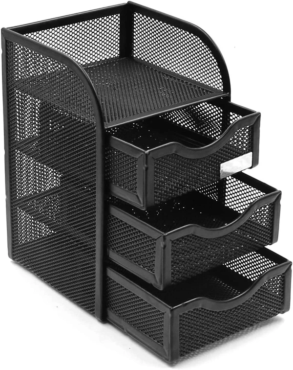 Organizador de mesa de malha preta com 3 gavetas